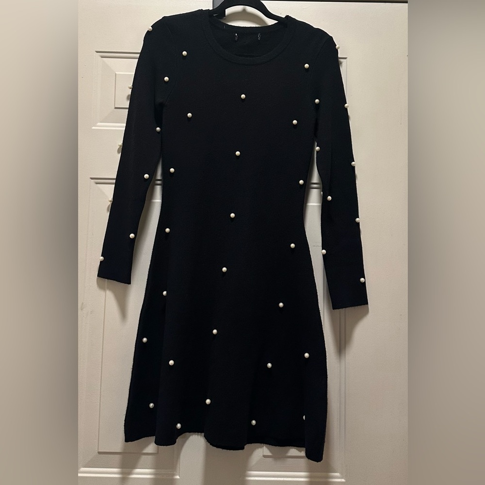 Zara Black Long-Sleeve Knit Pearl-Accent Dress